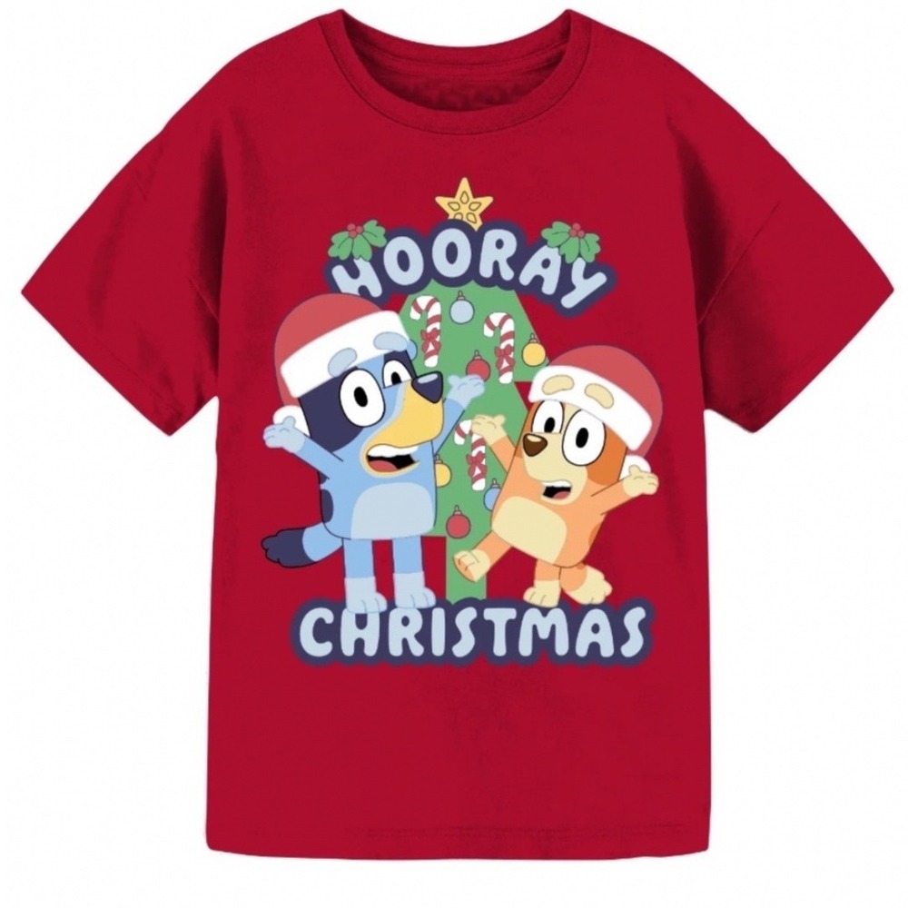 Bluey Kids XLarge Christmas T Shirt Red Hooray Christmas Graphic NWT Holiday